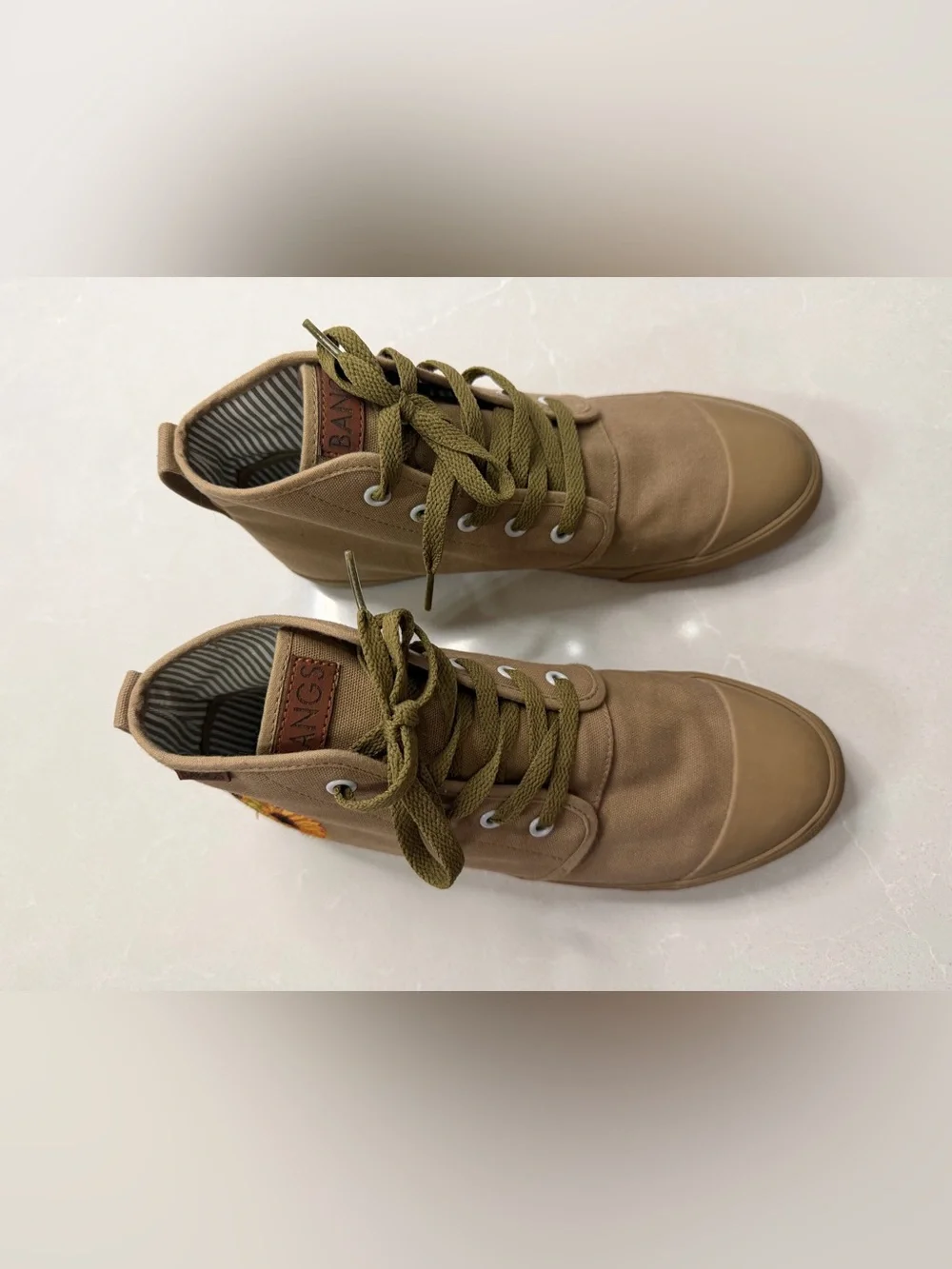 BANGS Shoes Old Pine Sunflower Embroidered Canvas High Top Sneakers, Women’s 8